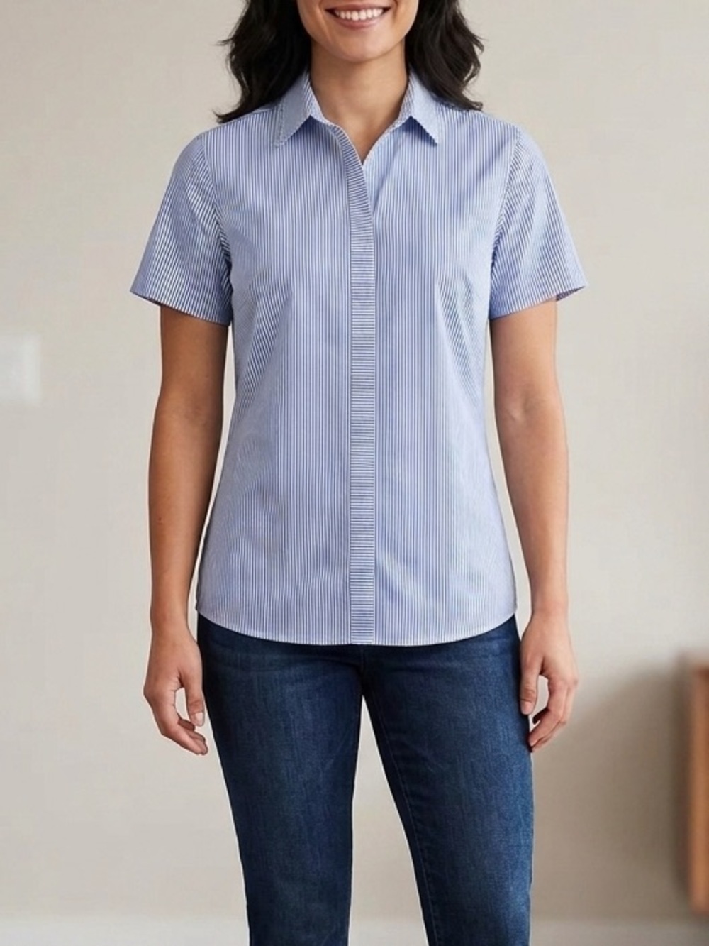 Lands End blue striped shirt sleeve collared supina cotton blouse size 6 Tall